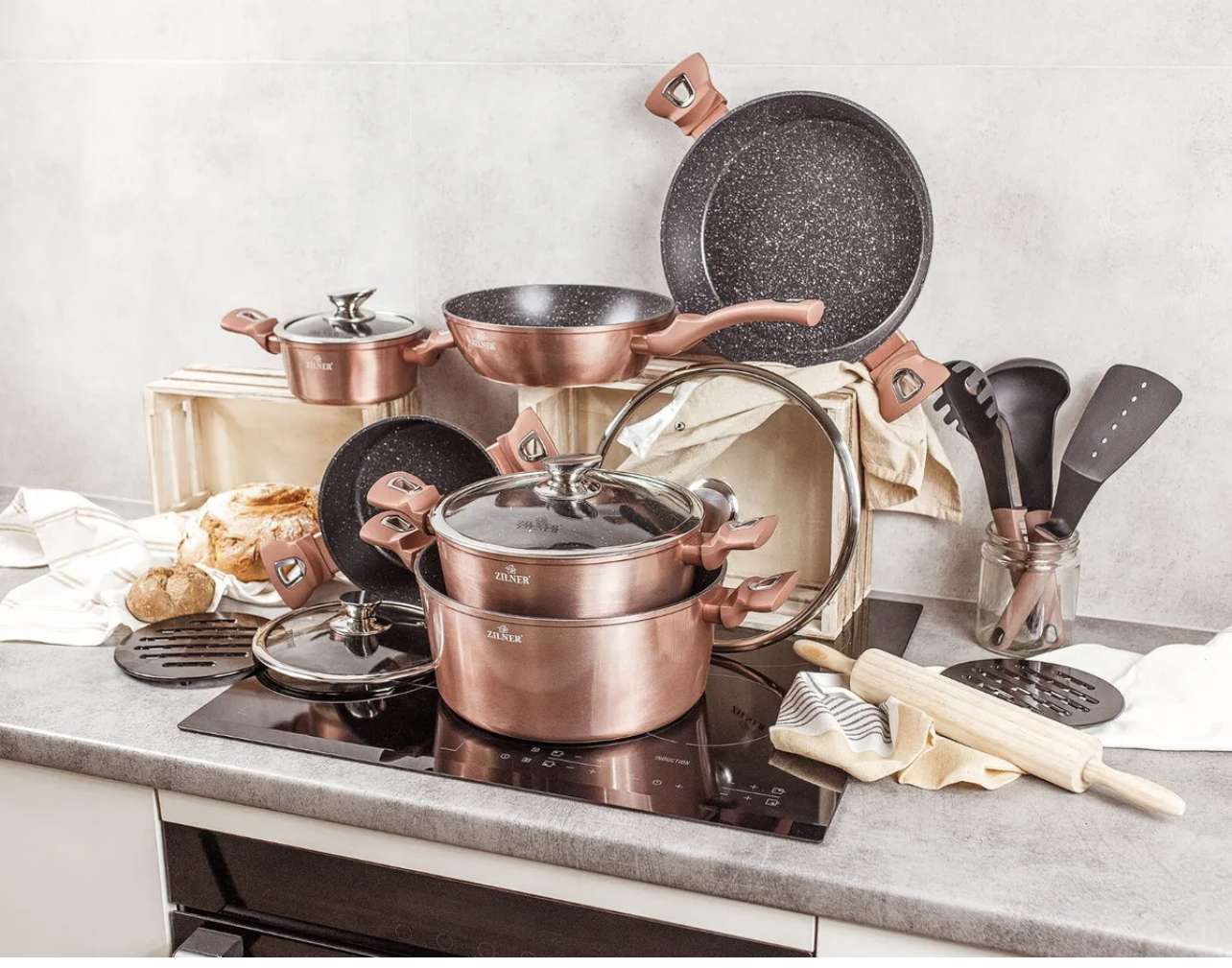 Rosa GoldTöpfe INDUKTION GLASDECKEL Kochtopf Topfset Keramik Marmor Geschenk NEUDas – Bild 4