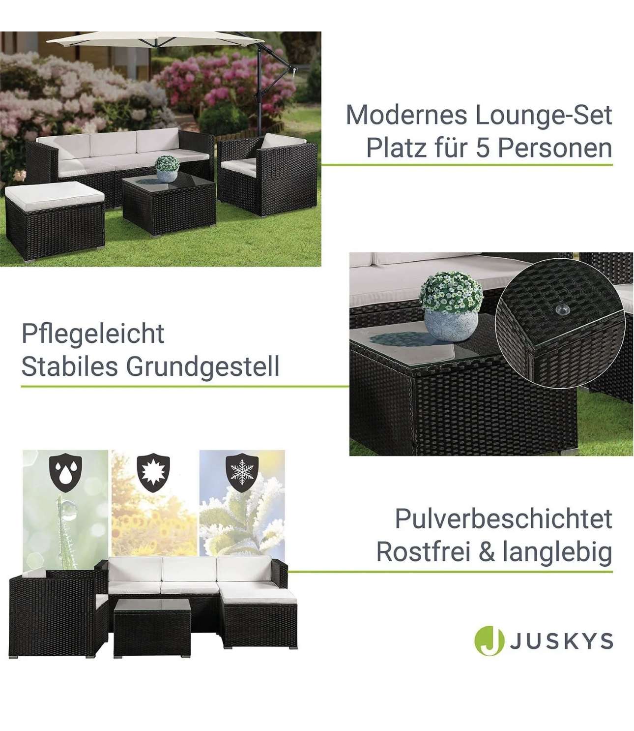 Juskys Polyrattan Lounge Punta Cana L für 4-5 Personen, Schwarz/Creme – Bild 5