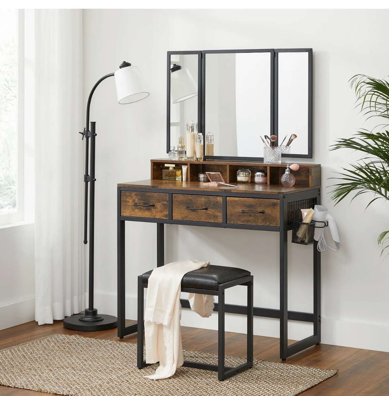 Schminktisch Frisiertisch Kosmetiktisch 3-Klappspiegel Fähnhalter mit Hocker