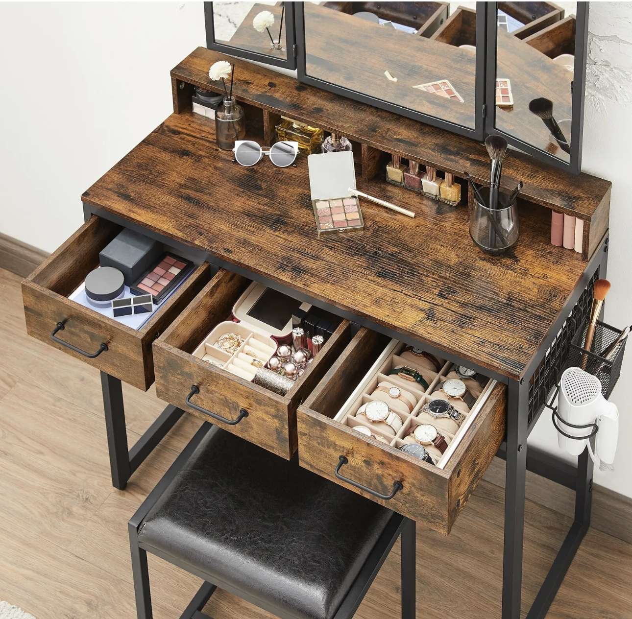 Schminktisch Frisiertisch Kosmetiktisch 3-Klappspiegel Fähnhalter mit Hocker – Bild 6