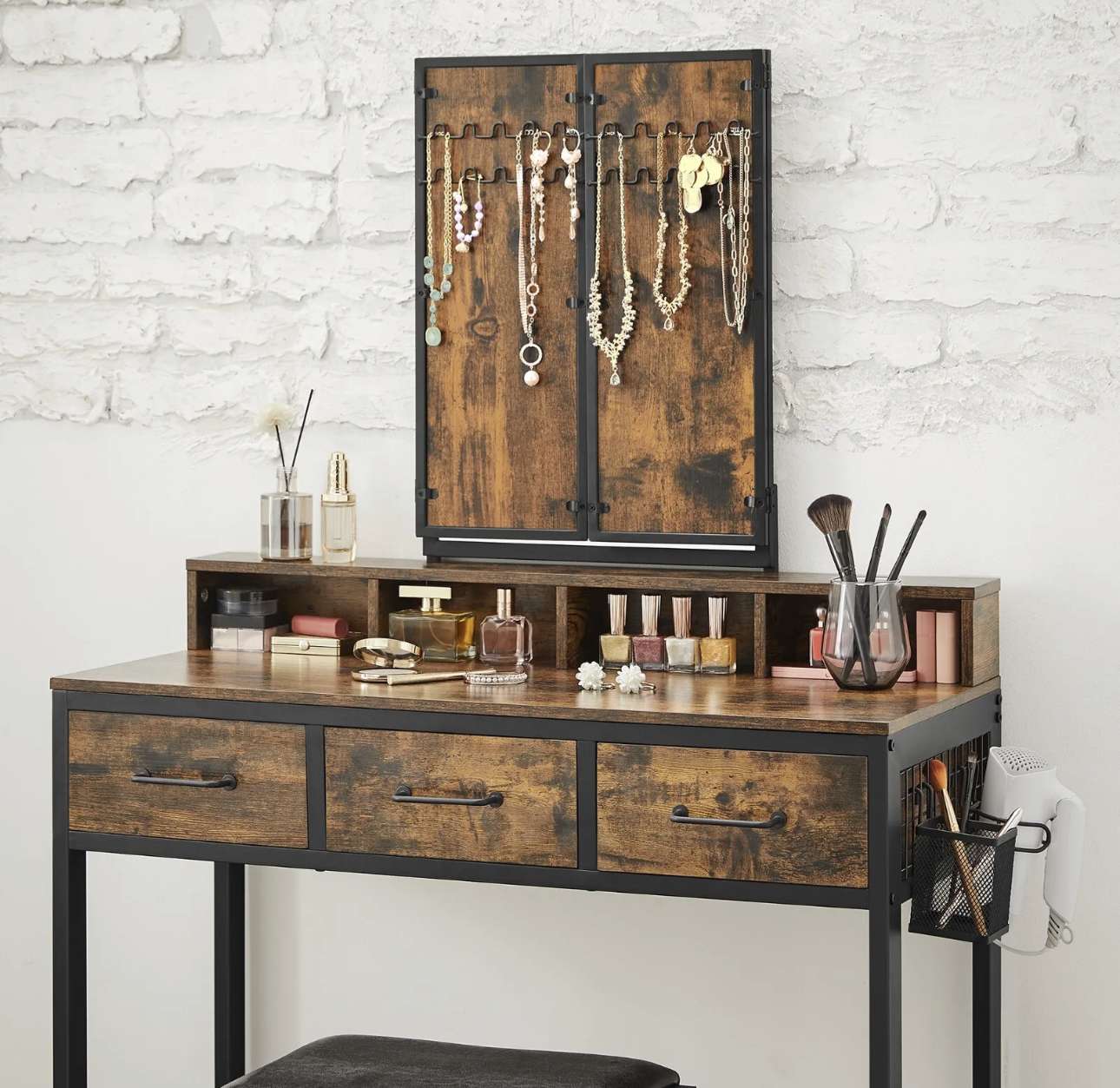 Schminktisch Frisiertisch Kosmetiktisch 3-Klappspiegel Fähnhalter mit Hocker – Bild 8