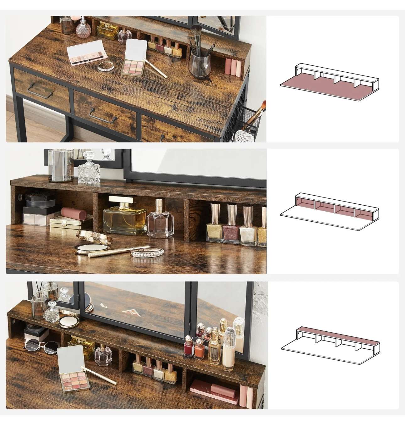 Schminktisch Frisiertisch Kosmetiktisch 3-Klappspiegel Fähnhalter mit Hocker – Bild 10