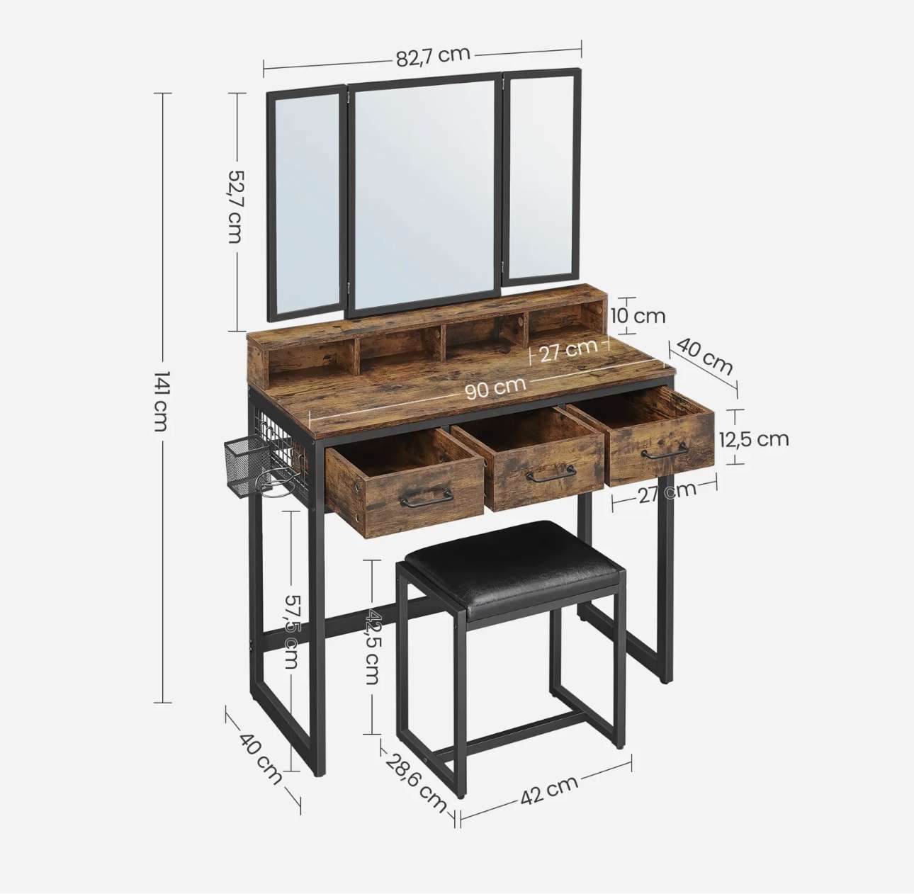 Schminktisch Frisiertisch Kosmetiktisch 3-Klappspiegel Fähnhalter mit Hocker – Bild 4