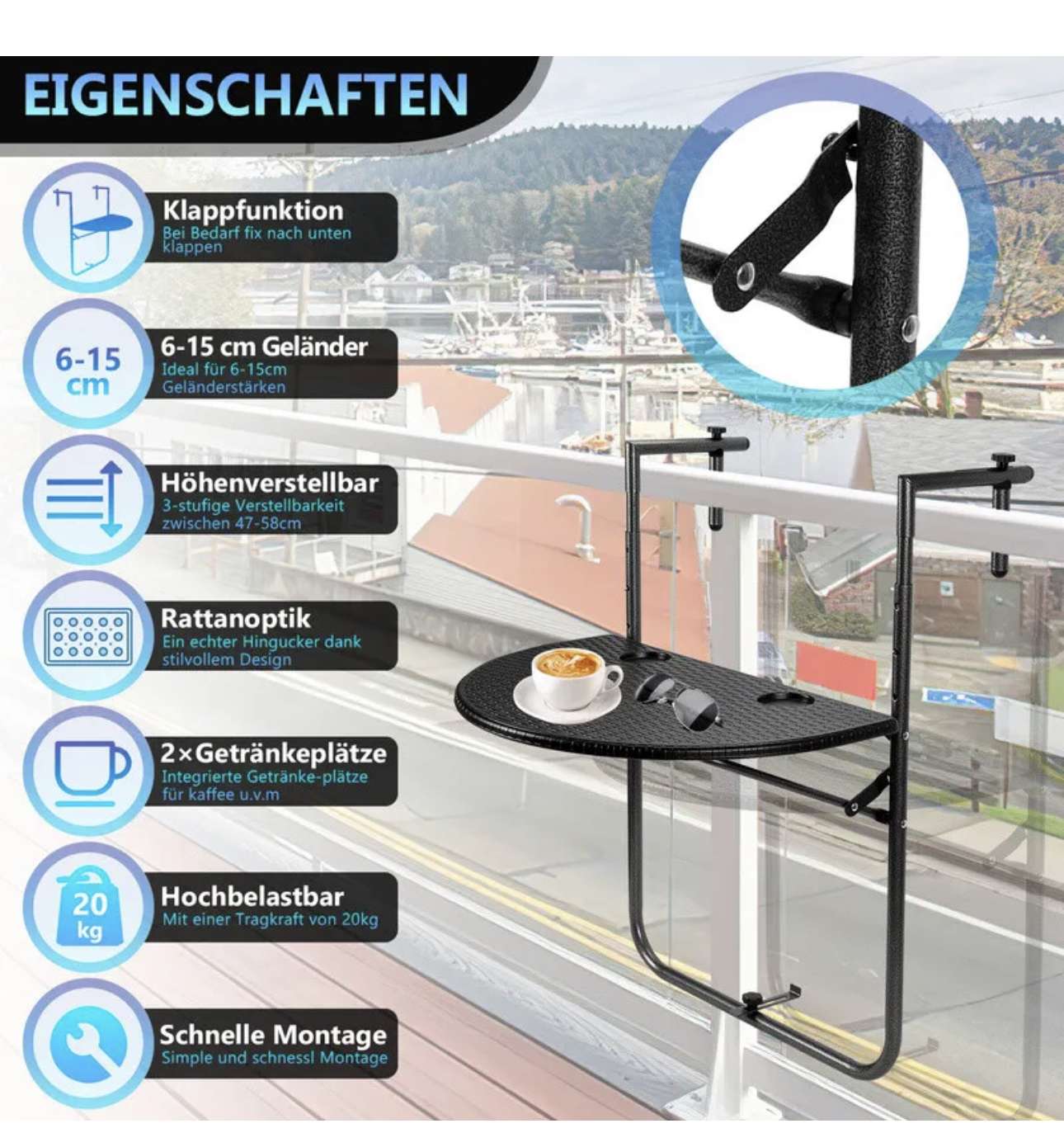 Balkontisch Balkonhängetisch Klapptisch Campingtisch Hängetisch Klappbar 60x40cm – Bild 4