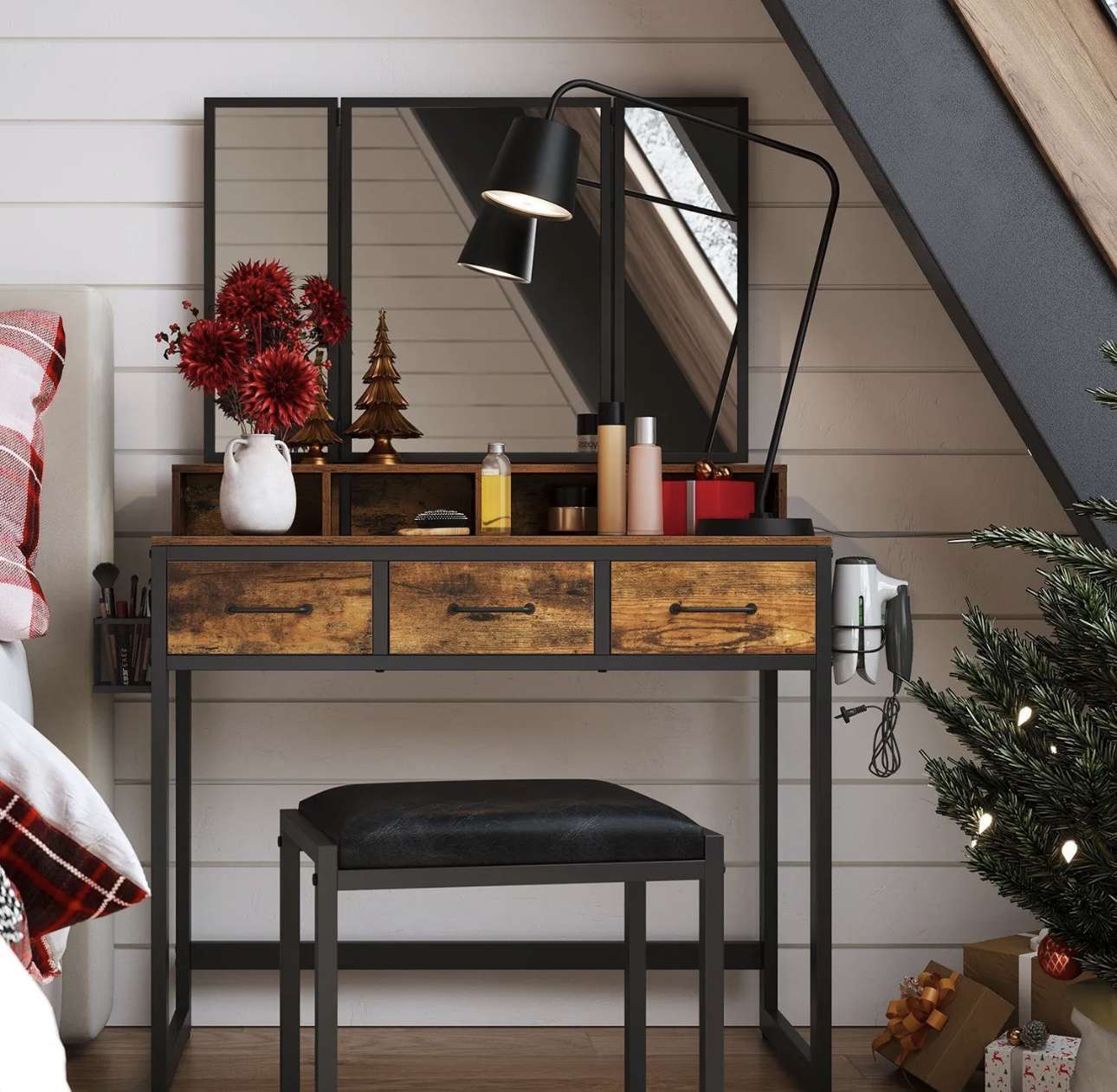 Schminktisch Frisiertisch Kosmetiktisch 3-Klappspiegel Fähnhalter mit Hocker – Bild 2