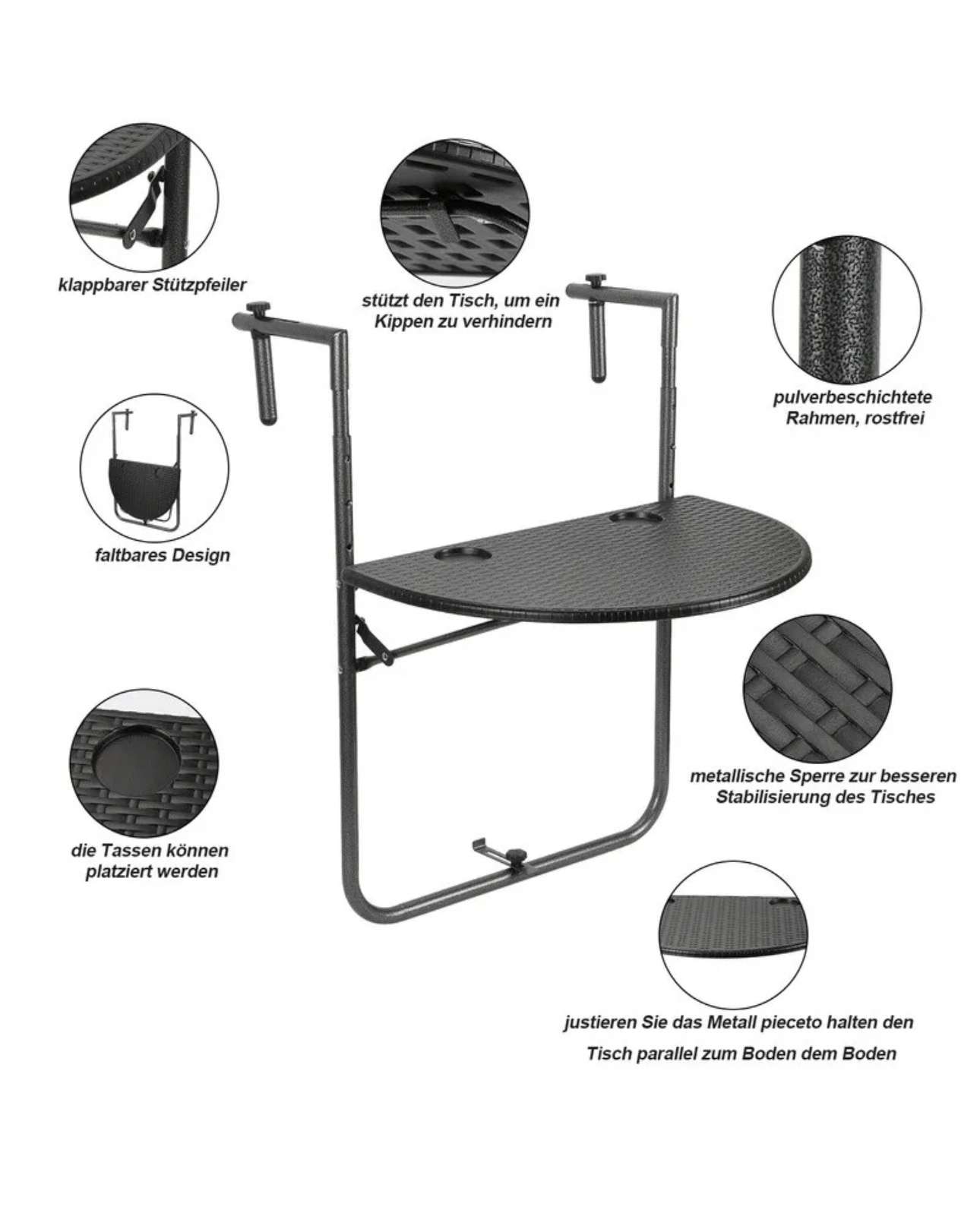 Balkontisch Balkonhängetisch Klapptisch Campingtisch Hängetisch Klappbar 60x40cm – Bild 2