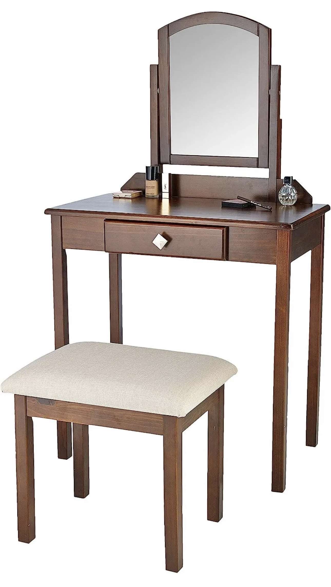 Amazonbasics Schminktisch mit spiegel und hocker Schublade Frisiertisch braun – Bild 2