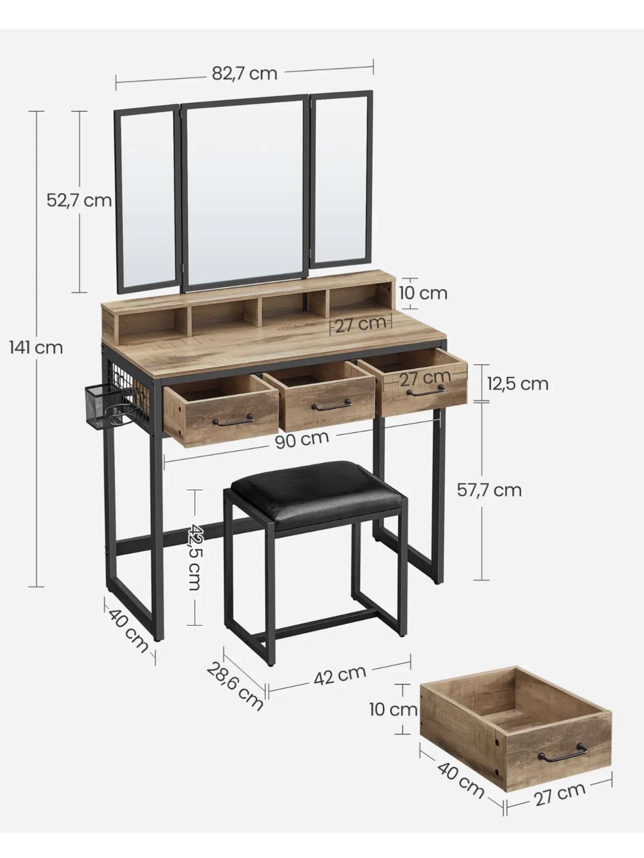 Schminktisch Frisiertisch mit gepolstertem Hocker, dreifachem Spiegel TVR004B50 – Bild 8