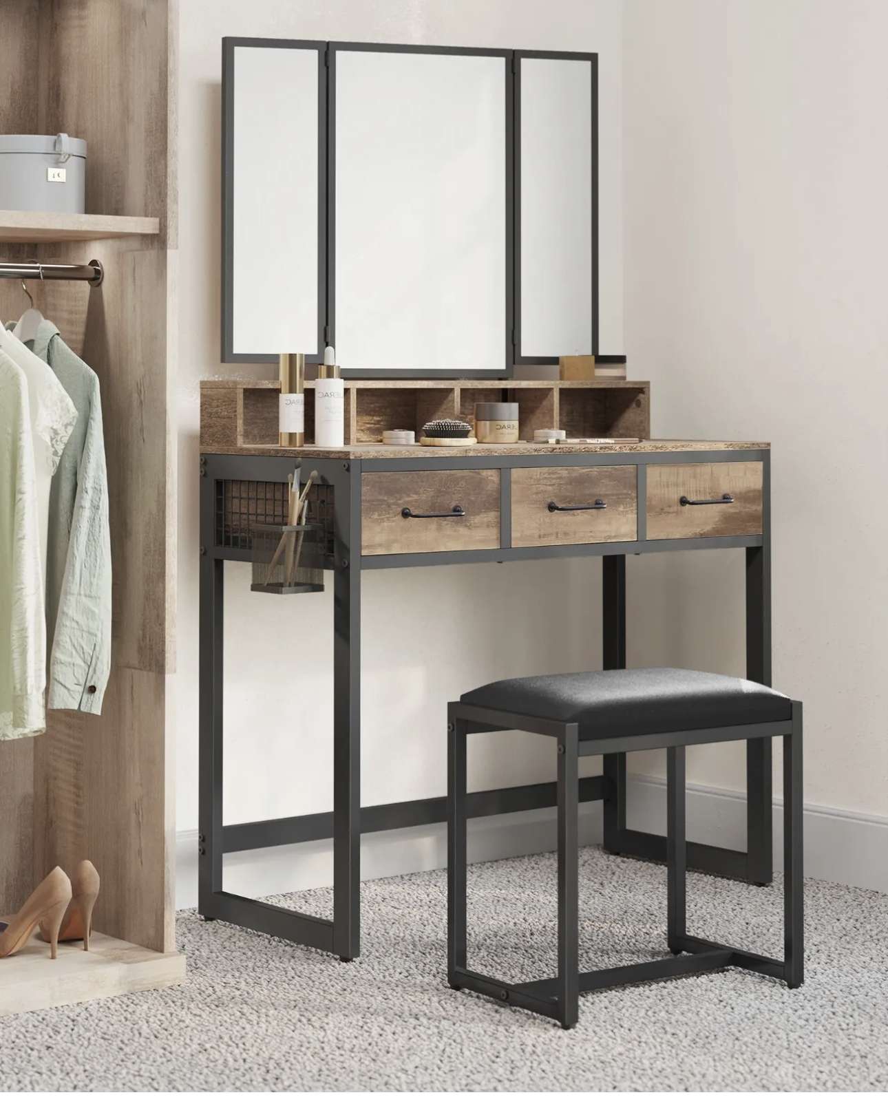 Schminktisch Frisiertisch mit gepolstertem Hocker, dreifachem Spiegel TVR004B50 – Bild 2