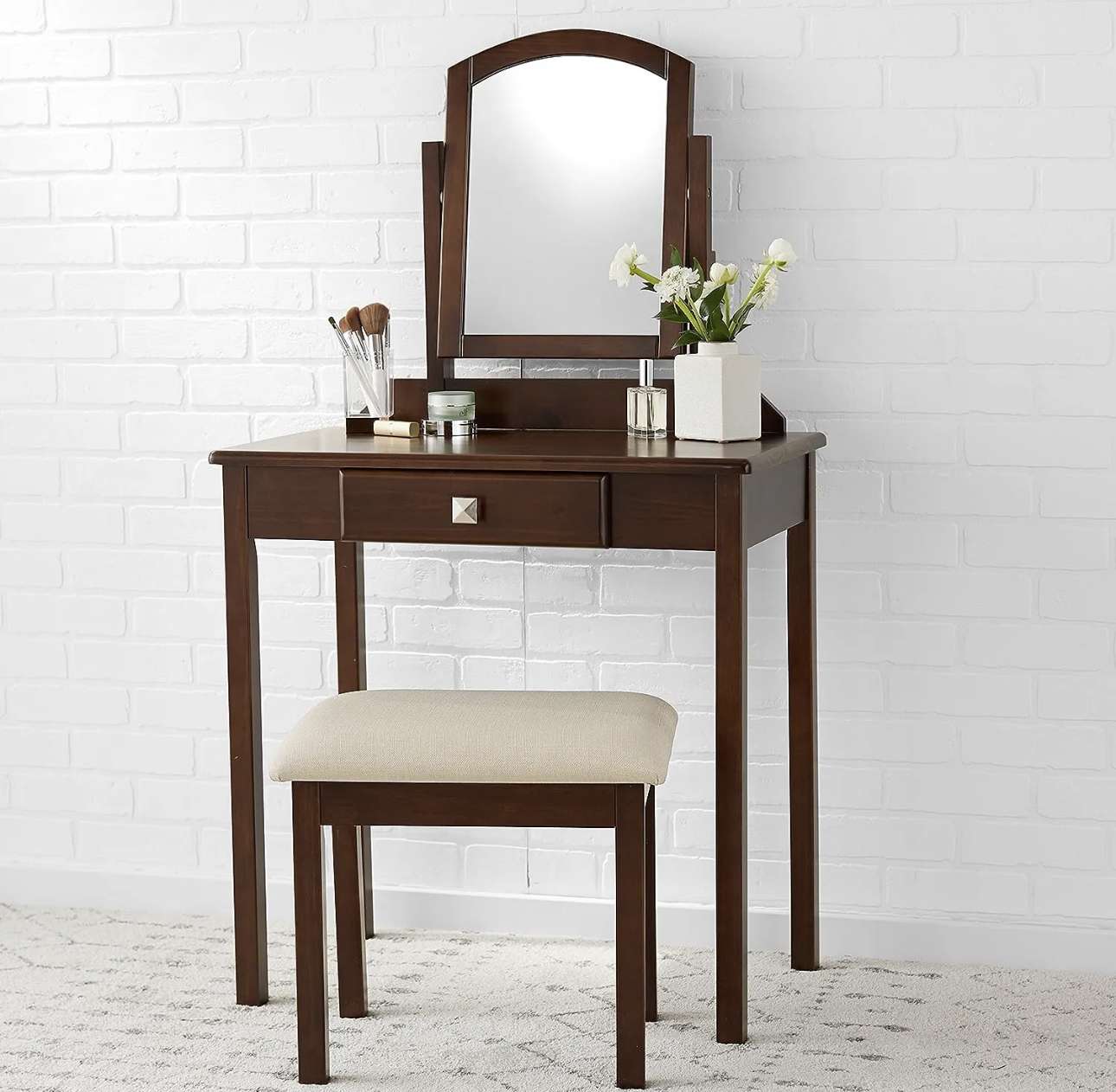 Amazonbasics Schminktisch mit spiegel und hocker Schublade Frisiertisch braun