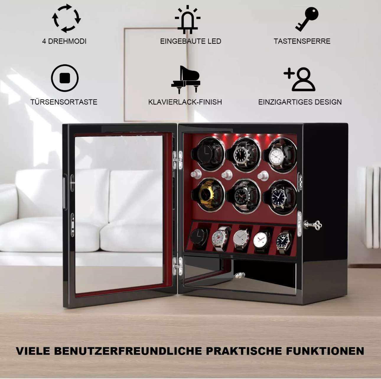 Uhrenbeweger für 6+5 Automatikuhren Uhrenaufbewahrung Organizer LED Watch Winder – Bild 6