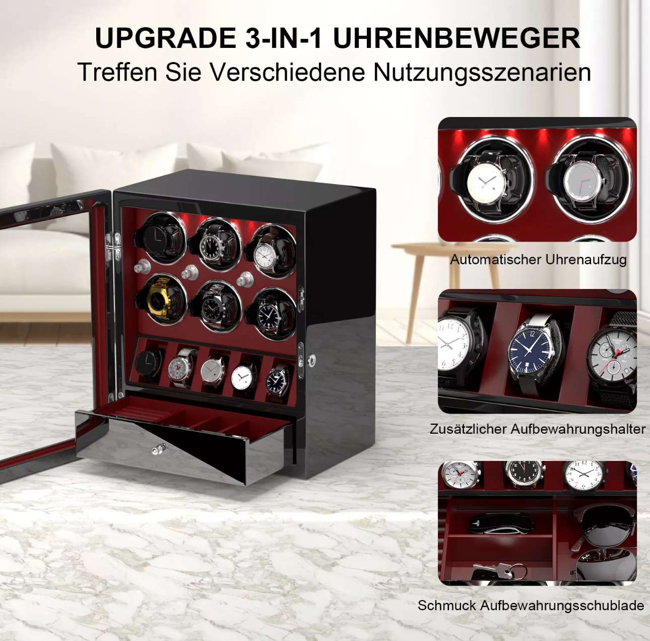Uhrenbeweger für 6+5 Automatikuhren Uhrenaufbewahrung Organizer LED Watch Winder – Bild 7