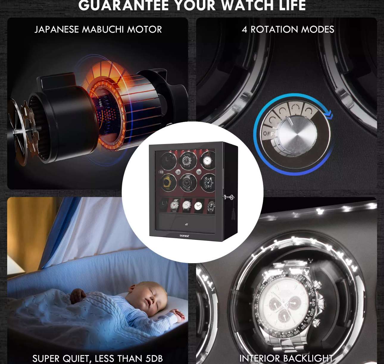 Uhrenbeweger für 6+5 Automatikuhren Uhrenaufbewahrung Organizer LED Watch Winder – Bild 10